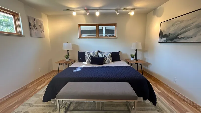 Freshly painted bedroom in warm cream tone