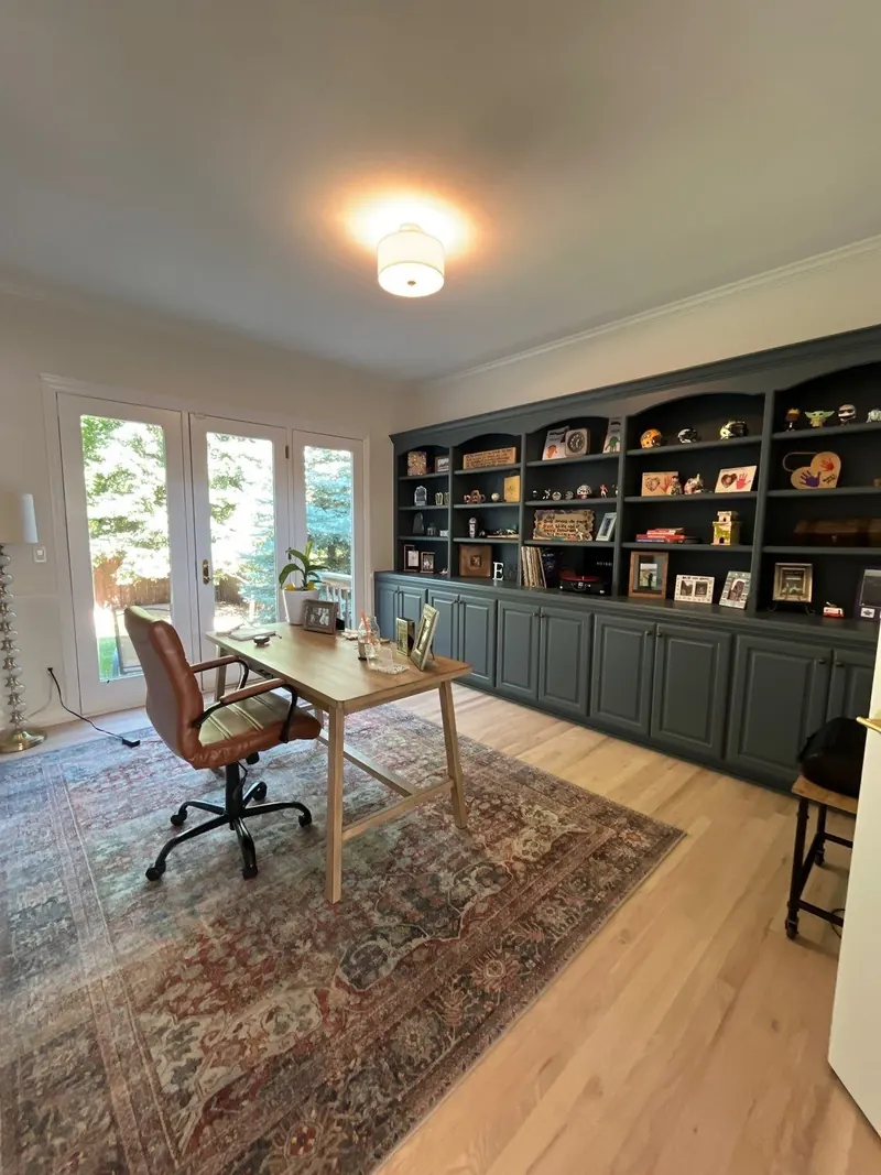 Repainted home office with built-in shelving